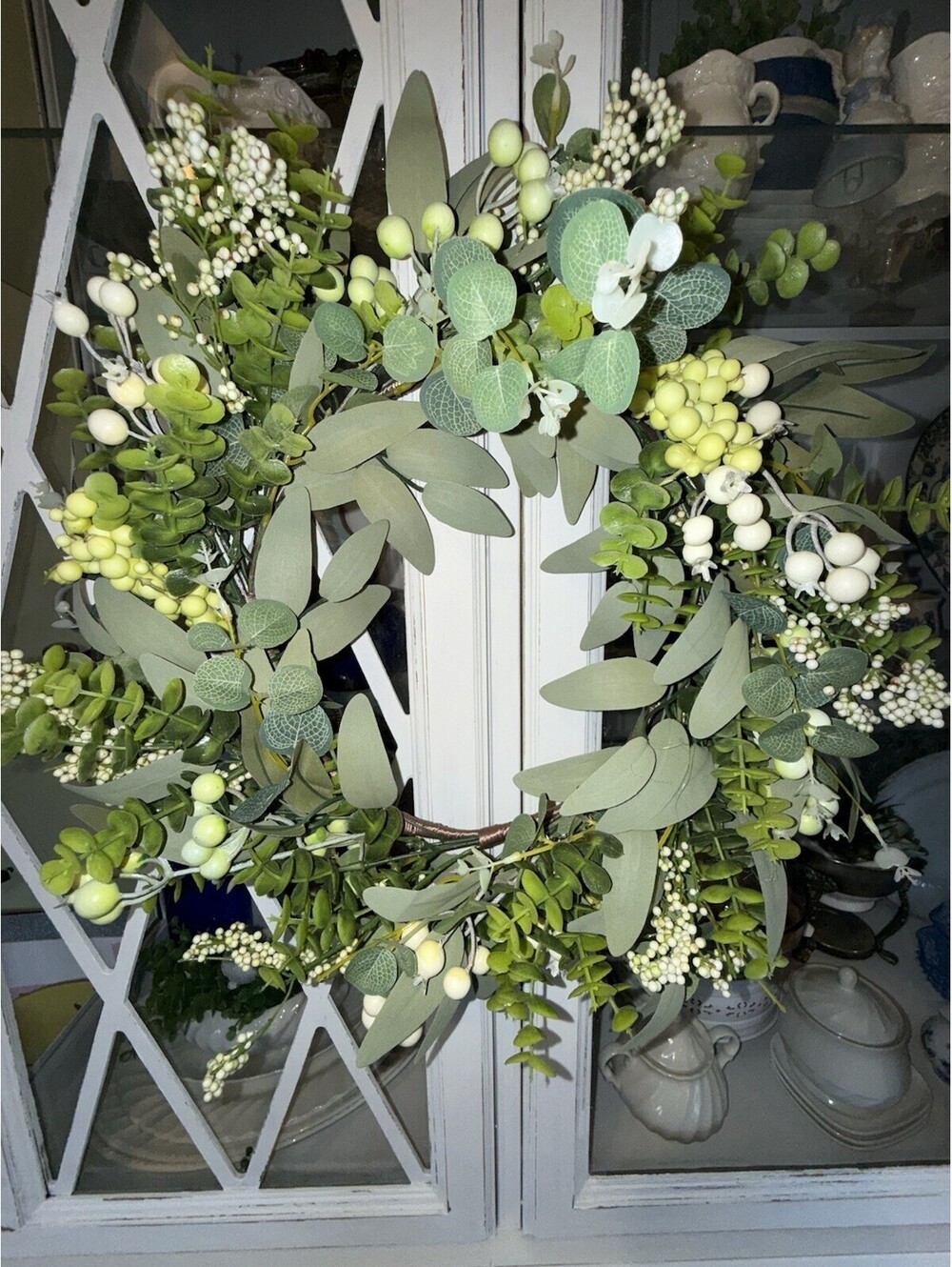 Greenery Wreath W/light Colored Berries Approx 16 in diameter, country decor